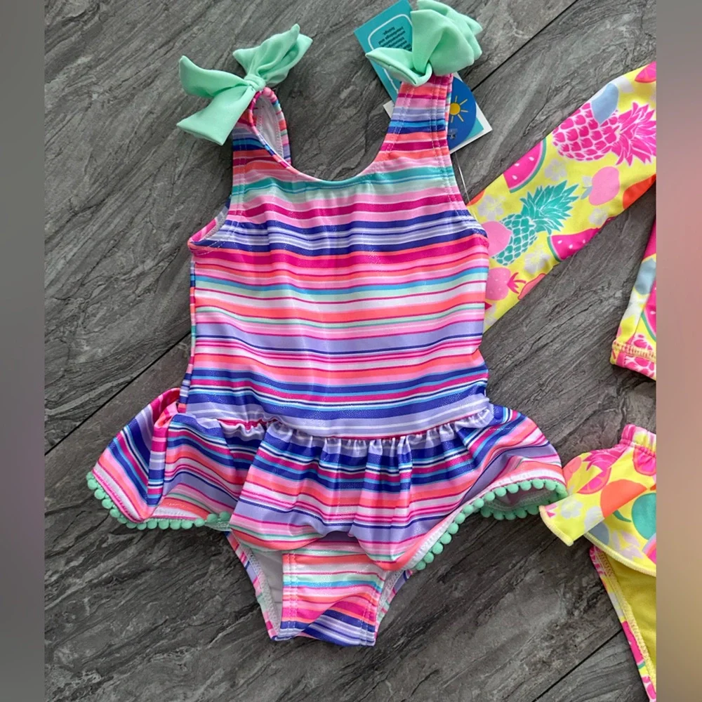 Girls Neon Pineapple Swim Set + Striped One-Piece - Bright Yellow &‎ Pink LOT